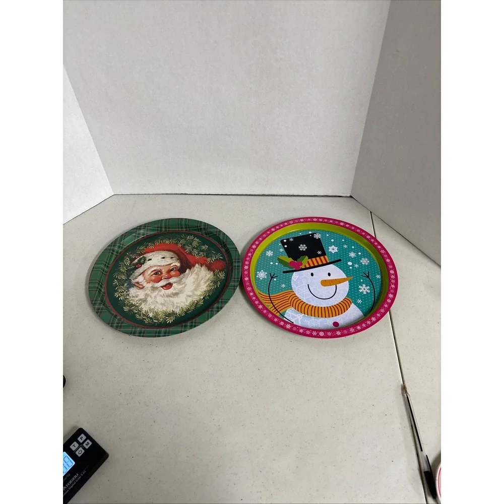 Nicole Christmas Tin Serving Trays Set of 2 Santa Claus & Snowman Round UC49032‎